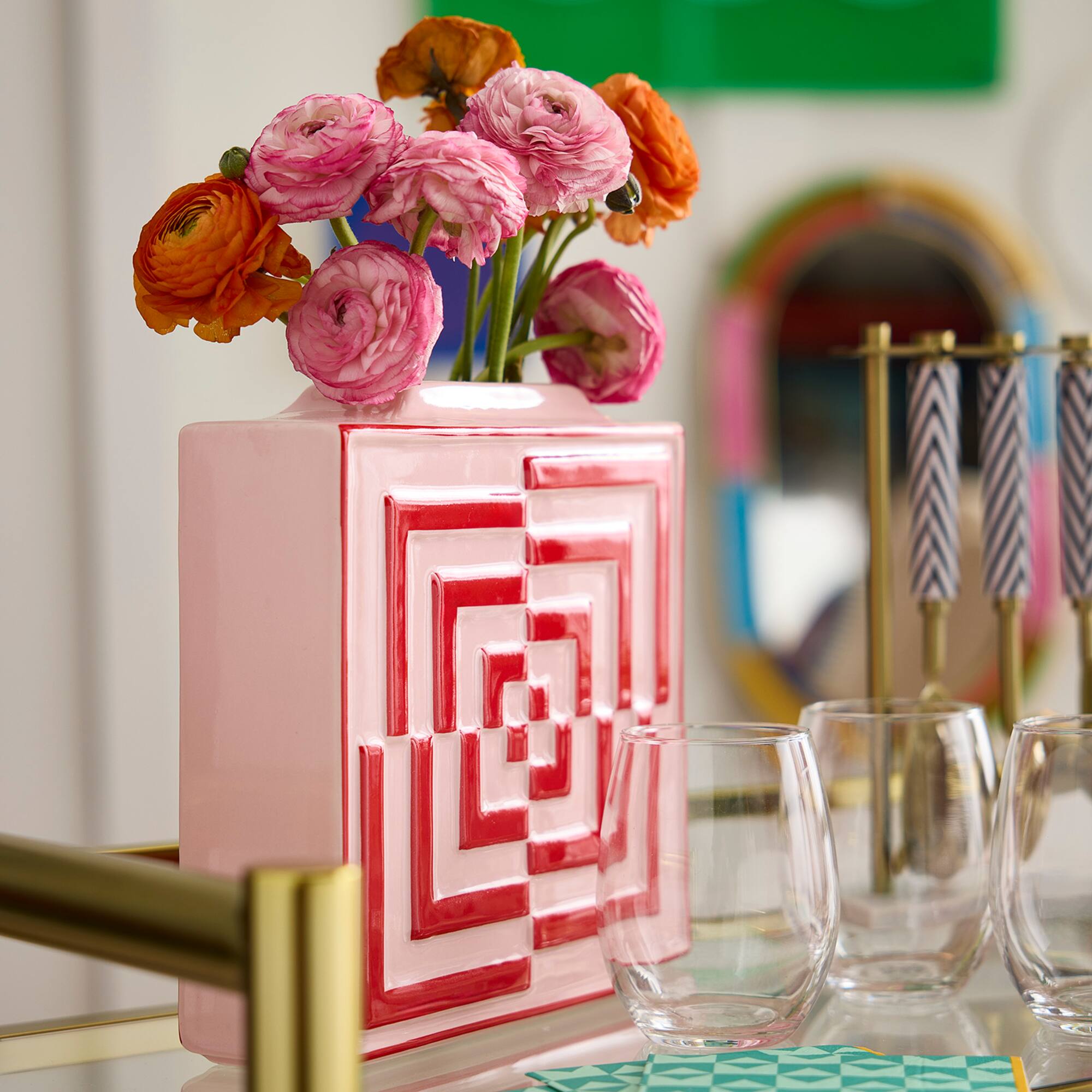 Jonathan Adler x Michaels 9.25" Pink & Red Geometric Illusion Square Tabletop Vase
